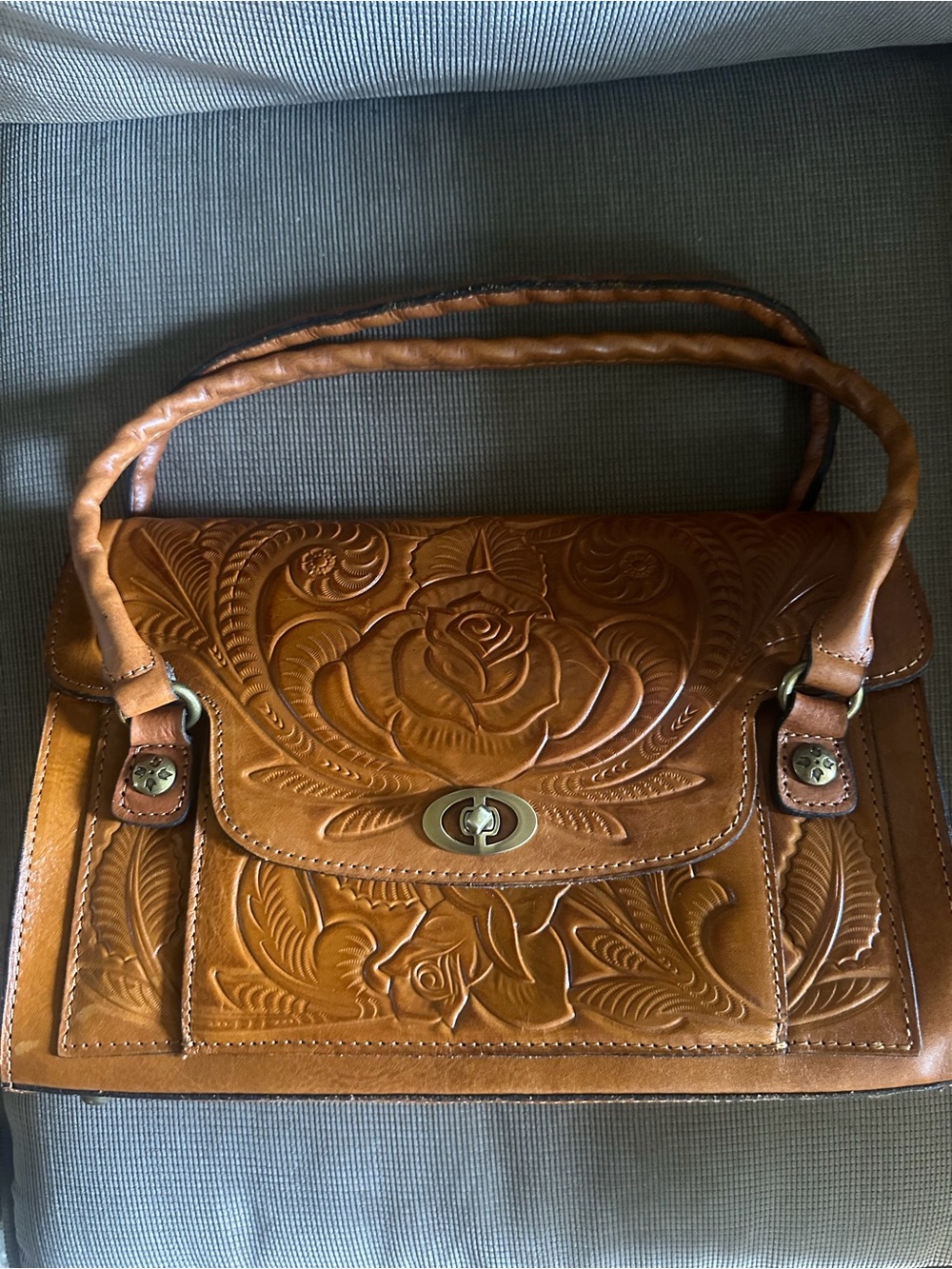 Patricia Nash Caramel Brown Hand-Tooled Floral Satchel